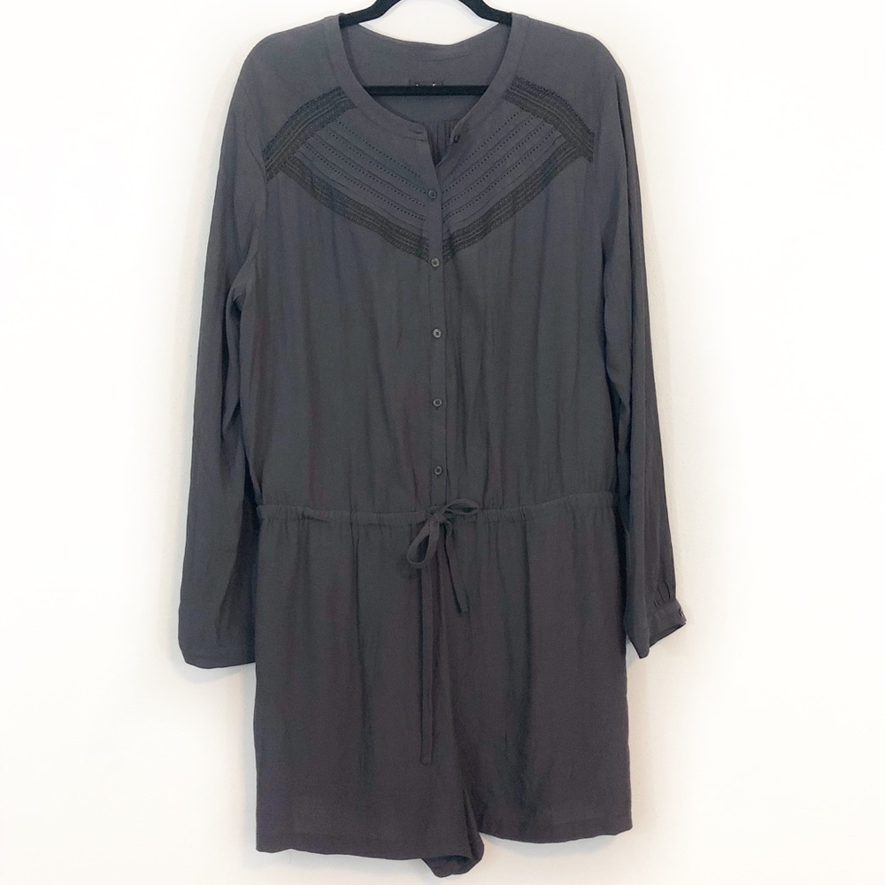 LOFT romper charcoal gray pockets lace button XL